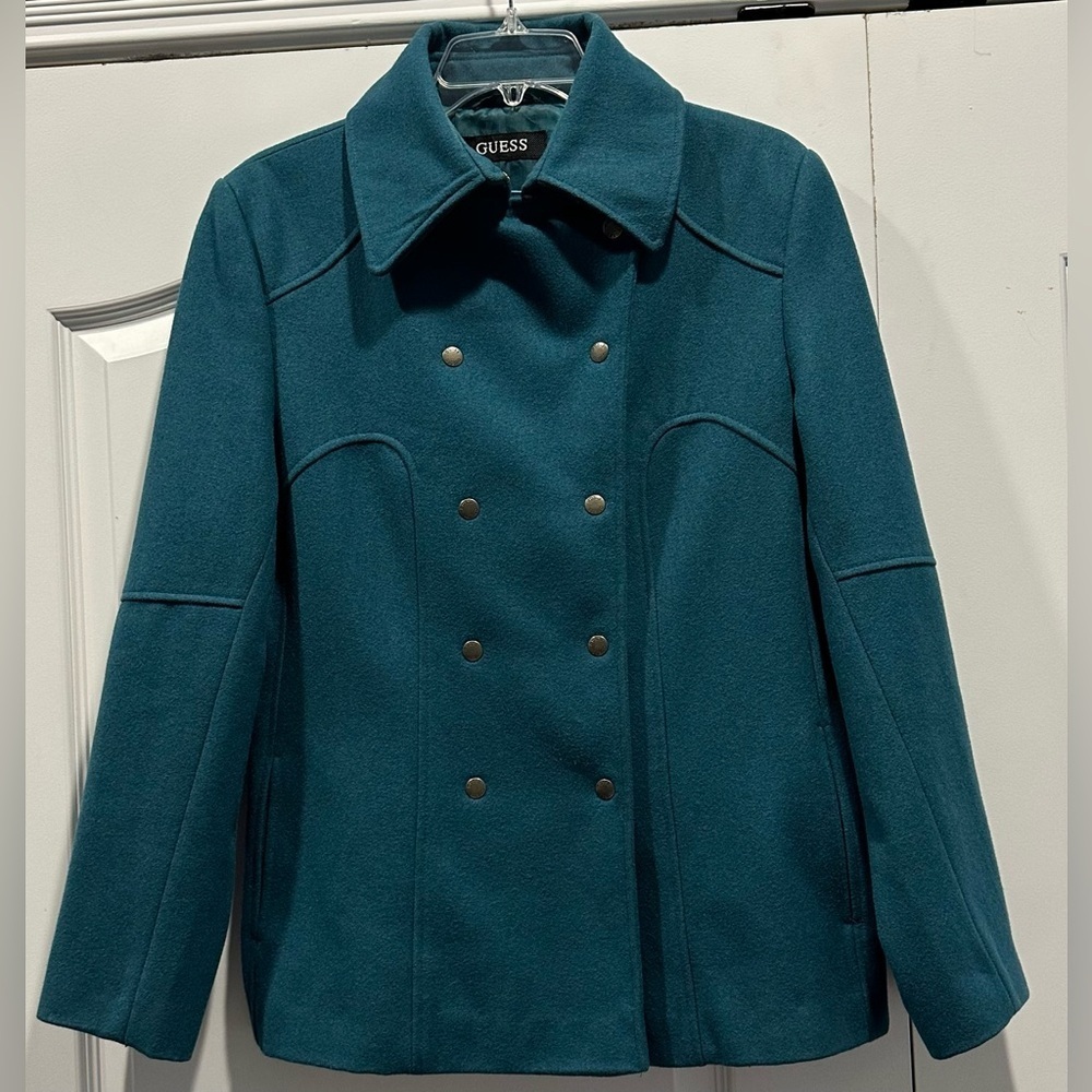 Guess Women’s Turquoise Green Wool Double Breasted Coat Size Large‎